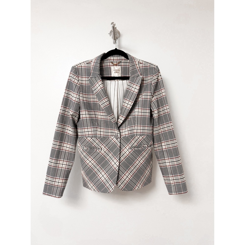 Autres Filles Women Black Pink Plaid Single Button Tailored Blazer Jacket Large